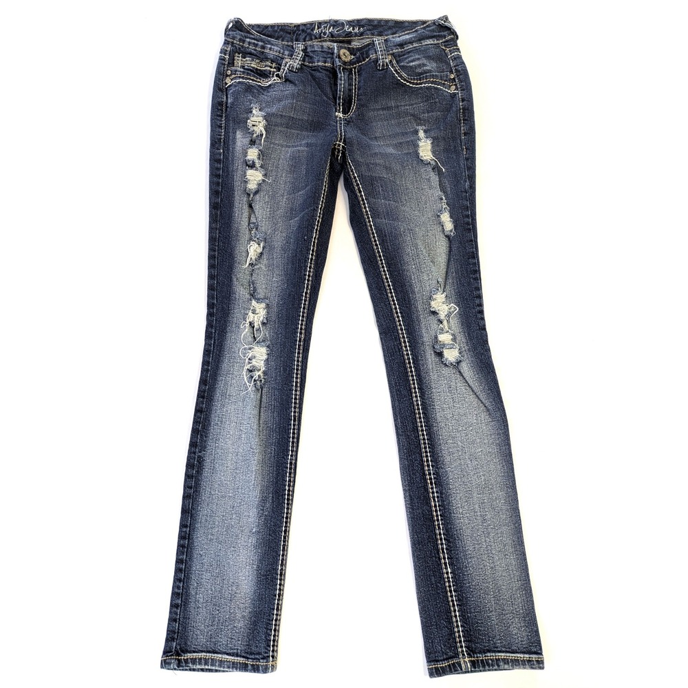 Ariya Jeans Womens 7/8 Dark Wash Distressed Thick Stitch Bootcut Denim Jeans